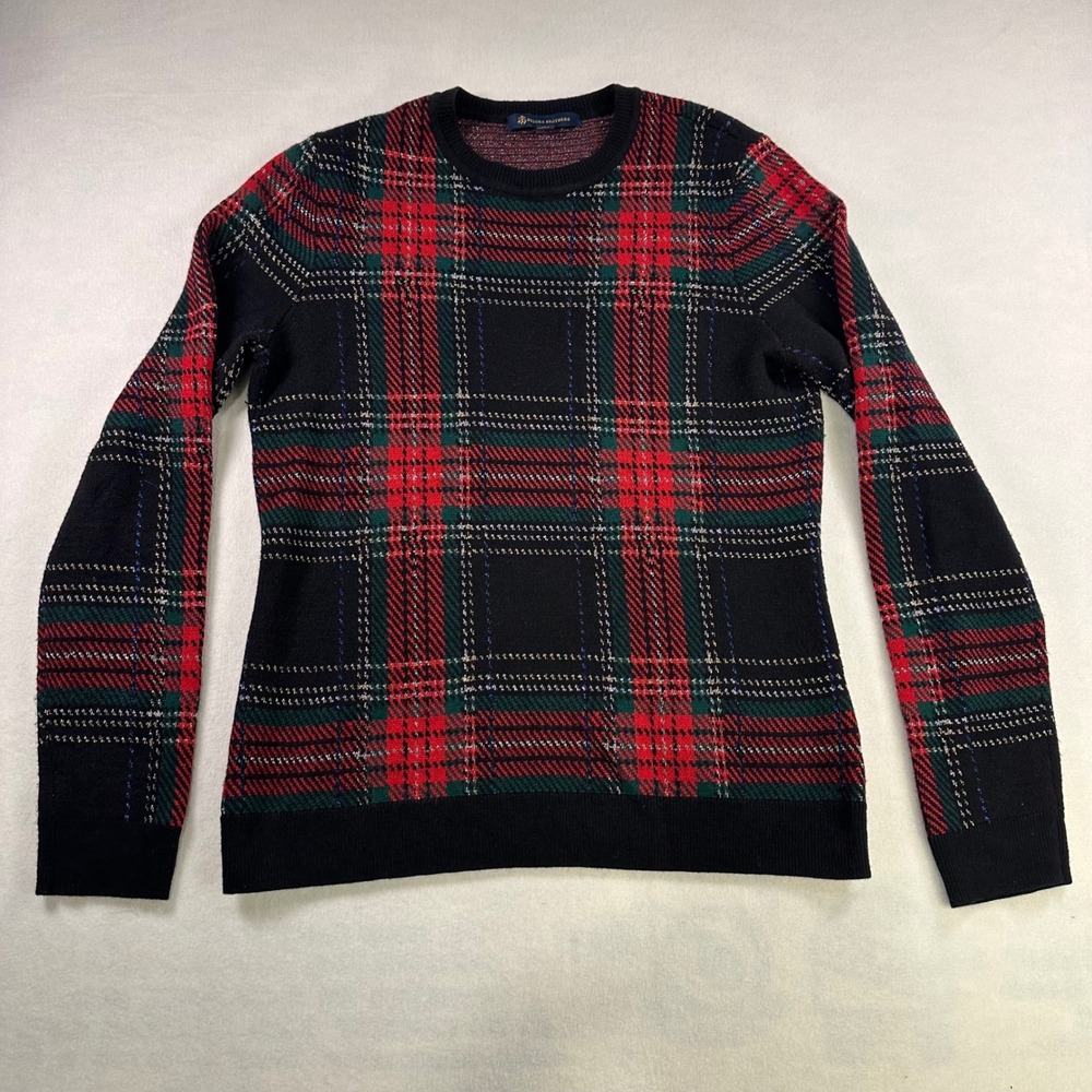 Brooks Brothers Womens Red Green Plaid Wool Blend Metallic Sweater M 100144514
